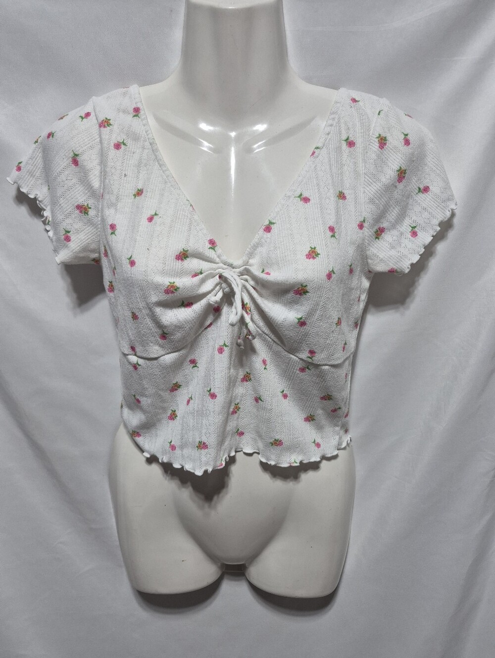 For Love & Lemons Floral Pointelle Ruched Crop Top Small Cottagecore